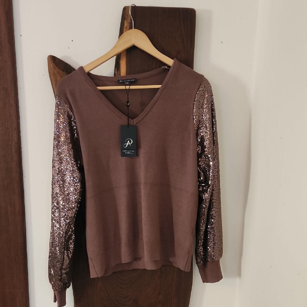 Adrianna Papell Brown Sequin Sleeve Women's Top Size M